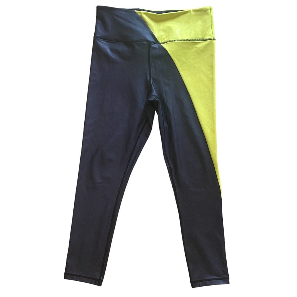 ZYIA Metallic Light n Tight Leggings High Rise Colorblock Neon Yellow Black-12